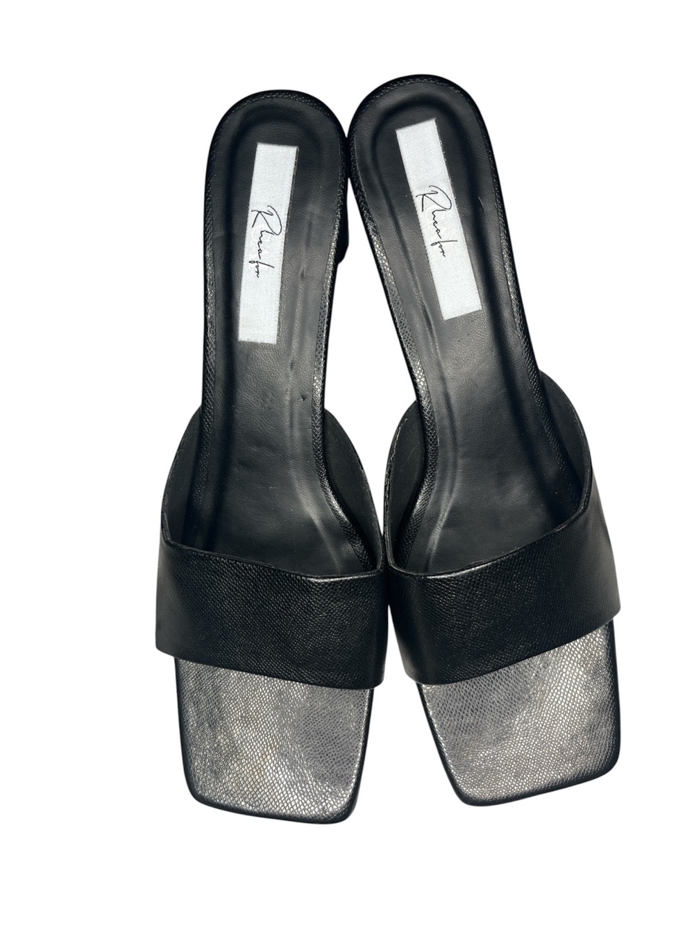 Black Slide Mules with Silver Footbed — Modern Square Toe